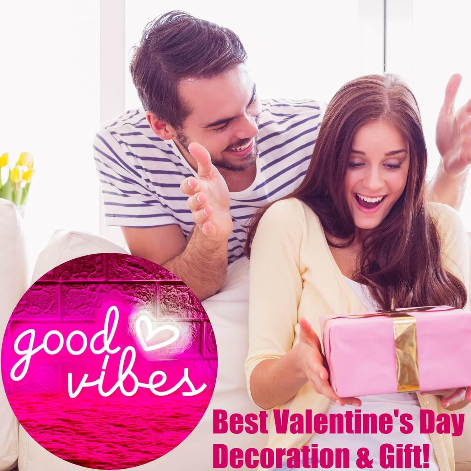 Good Vibes Neon Sign – Heart-Shaped LED Wall Light for Bedroom Aesthetic, USB Powered Pink Decor
