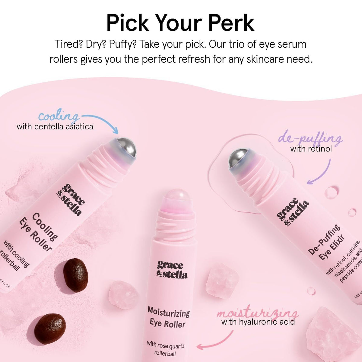 grace & stella Under Eye Serum Roller – Rose Quartz Moisturizing Eye Treatment, Premium Skincare Gift