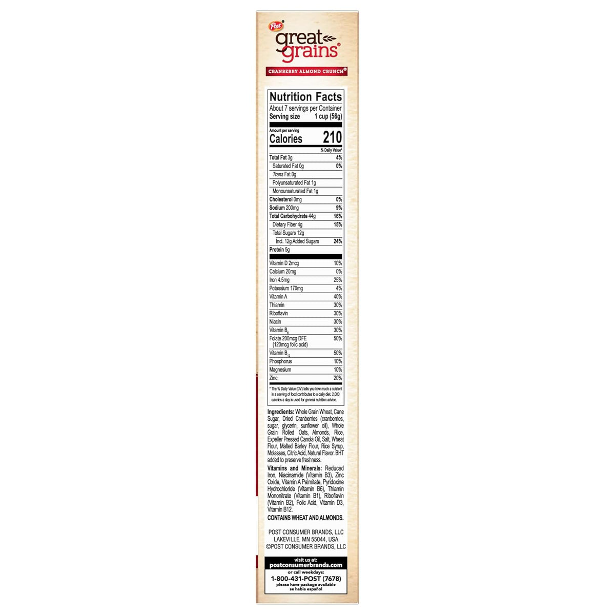 Great Grains Cranberry Almond Crunch Cereal – Lunchbox-Safe Non-GMO Cereal for Picky Eaters, 14 oz