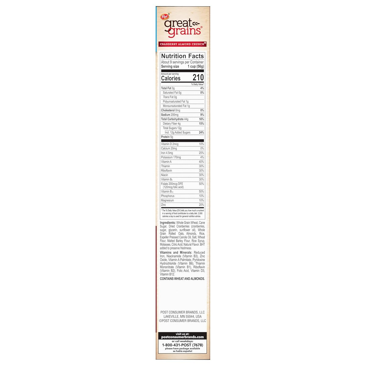Great Grains Cranberry Almond Crunch – High-Fiber Digestion-Friendly Cereal for Wellness-Focused Adults, Non-GMO 17 oz