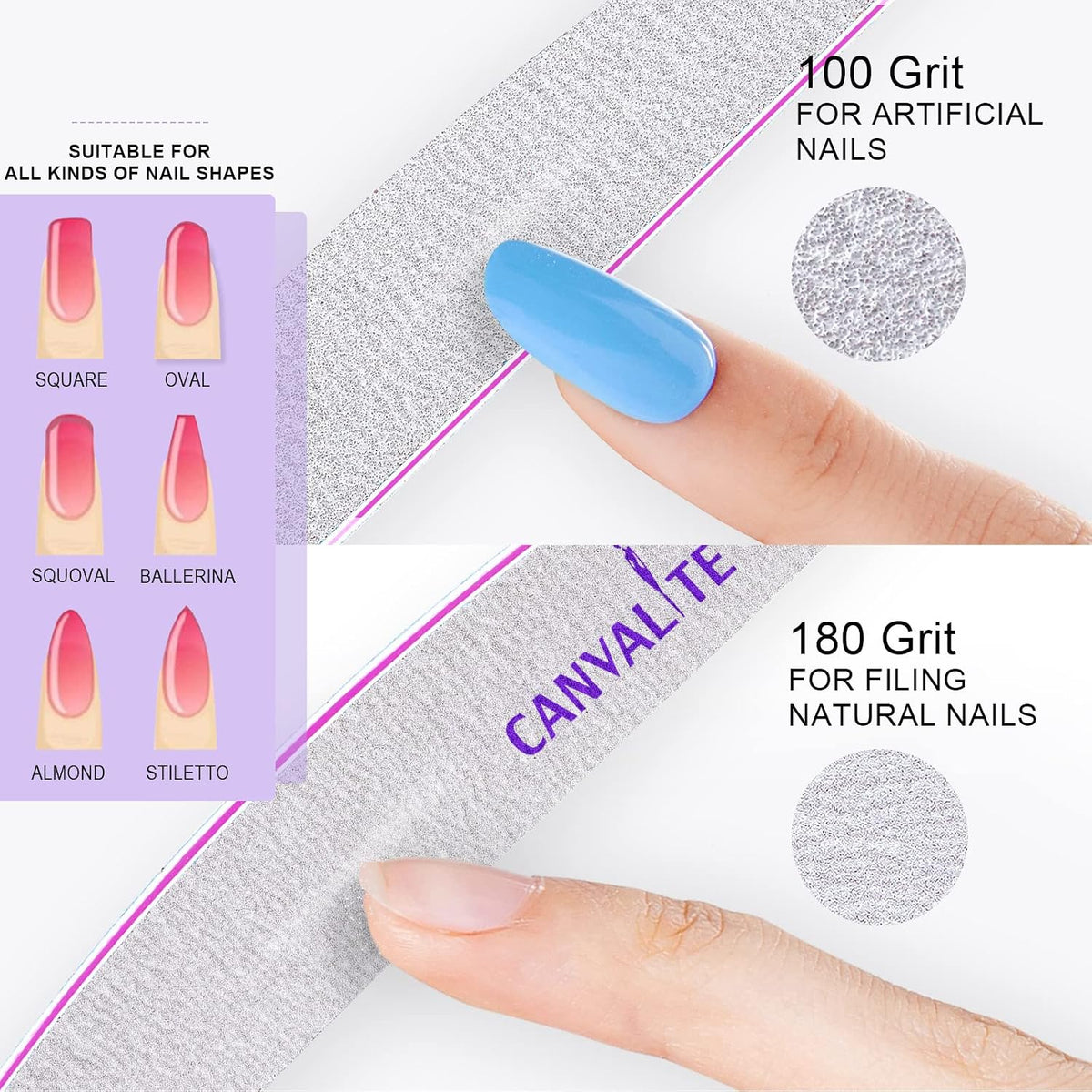 half-moon ergonomic shape (with rectangle variant) for controlled grip and access to curved nail edges
