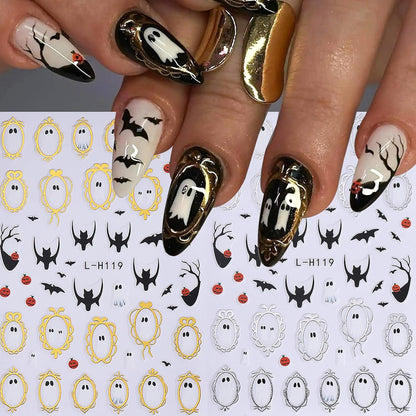 halloween motifs including ghosts, bats, spider webs, pumpkins, black cats, and bows