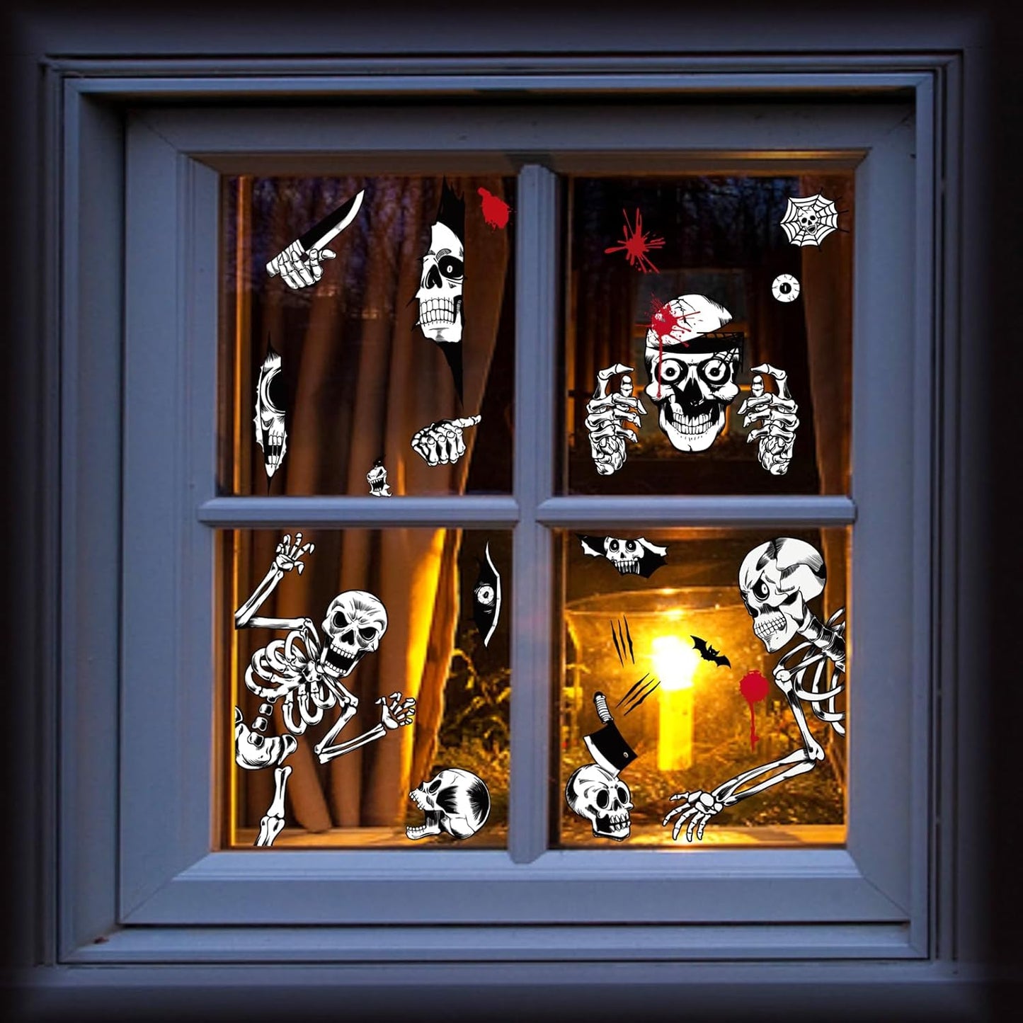 Halloween Window Stickers - 8 Sheets Double-Sided Skeleton and Bat Clings for Front Door and Mirror Decor, No-Adhesive PVC