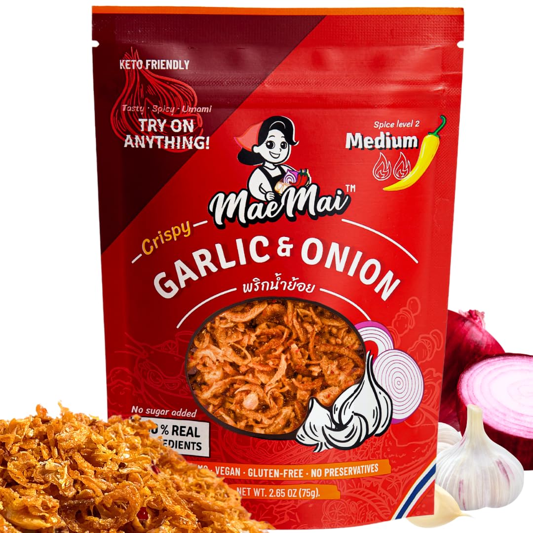 hand-peeled crispy onions and garlic flakes with a signature thai chili blend