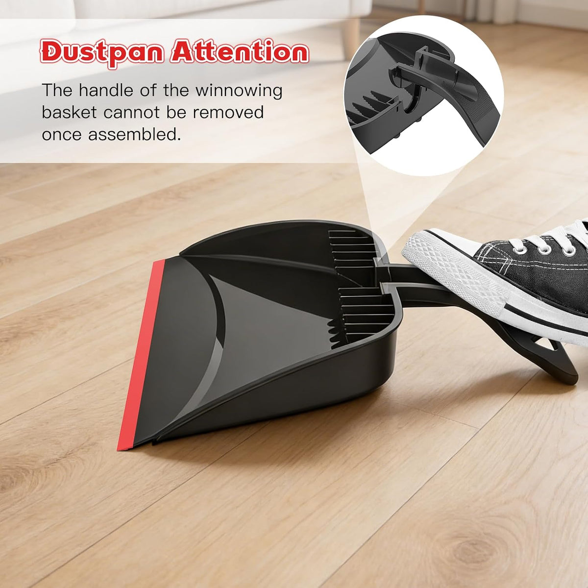 hanging hole on broom top and snap-on dustpan handle for compact storage