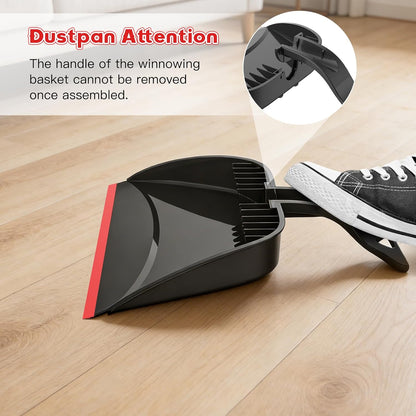 hanging hole on broom top and snap-on dustpan handle for compact storage
