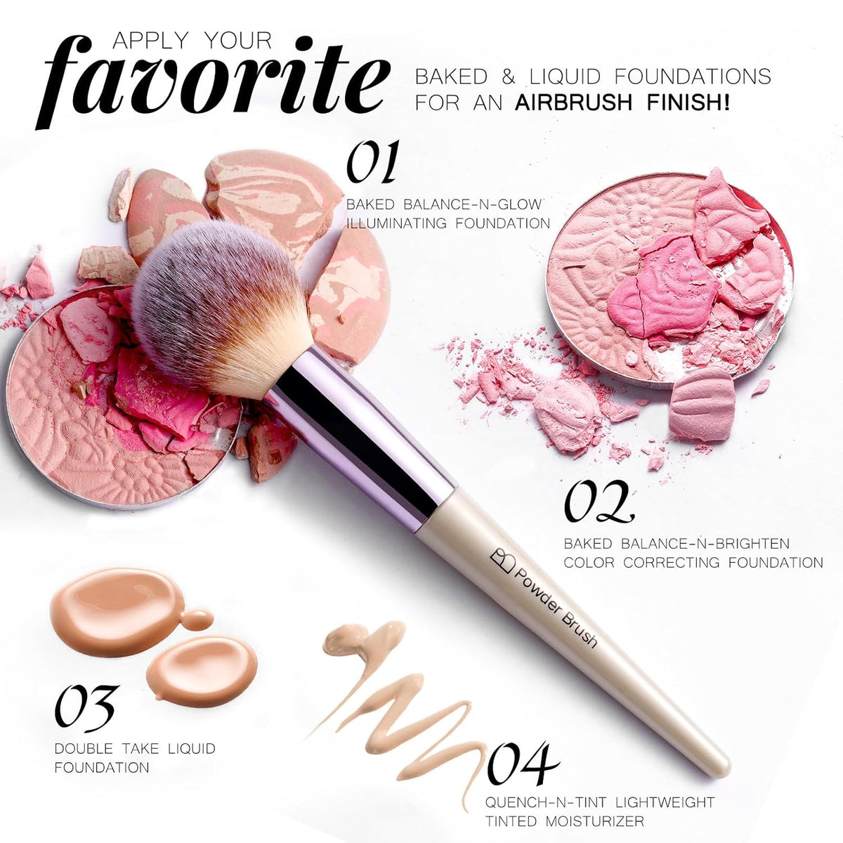 high-density synthetic bristles that resist shedding and work with liquid, cream, and powder products
