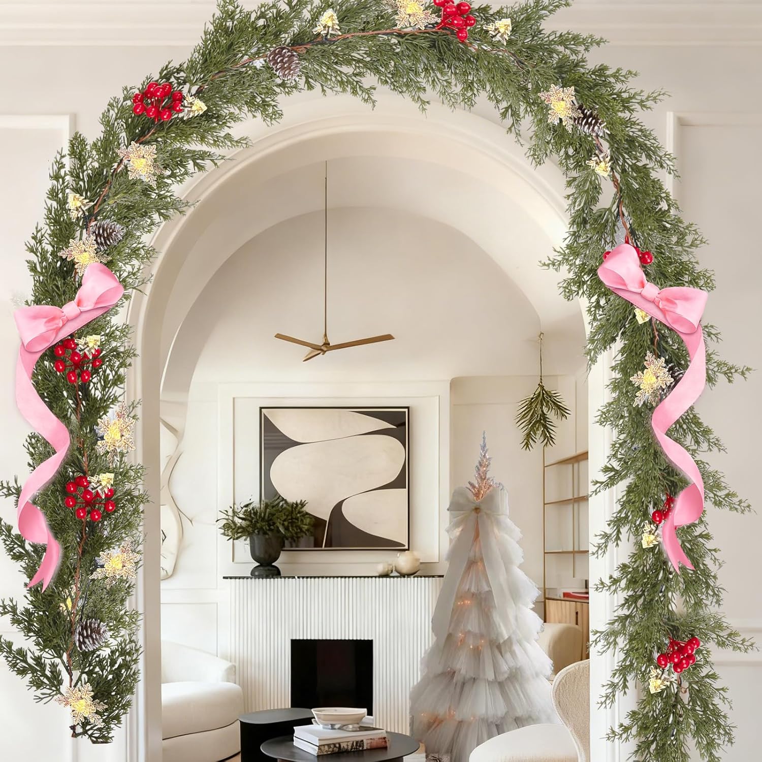 HolyNook Studio Pre-Lit Holiday Garland – Cozy Living Room Mantle Decor with Pine Cones and Snowflake LEDs