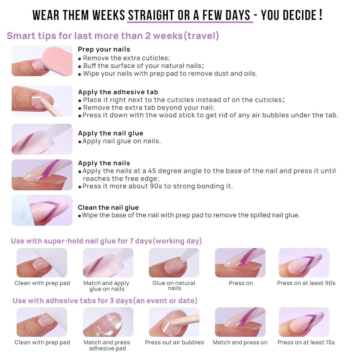 included accessories: storage box, nail glue, adhesive tabs, double-sided nail file, cuticle stick, alcohol prep pad