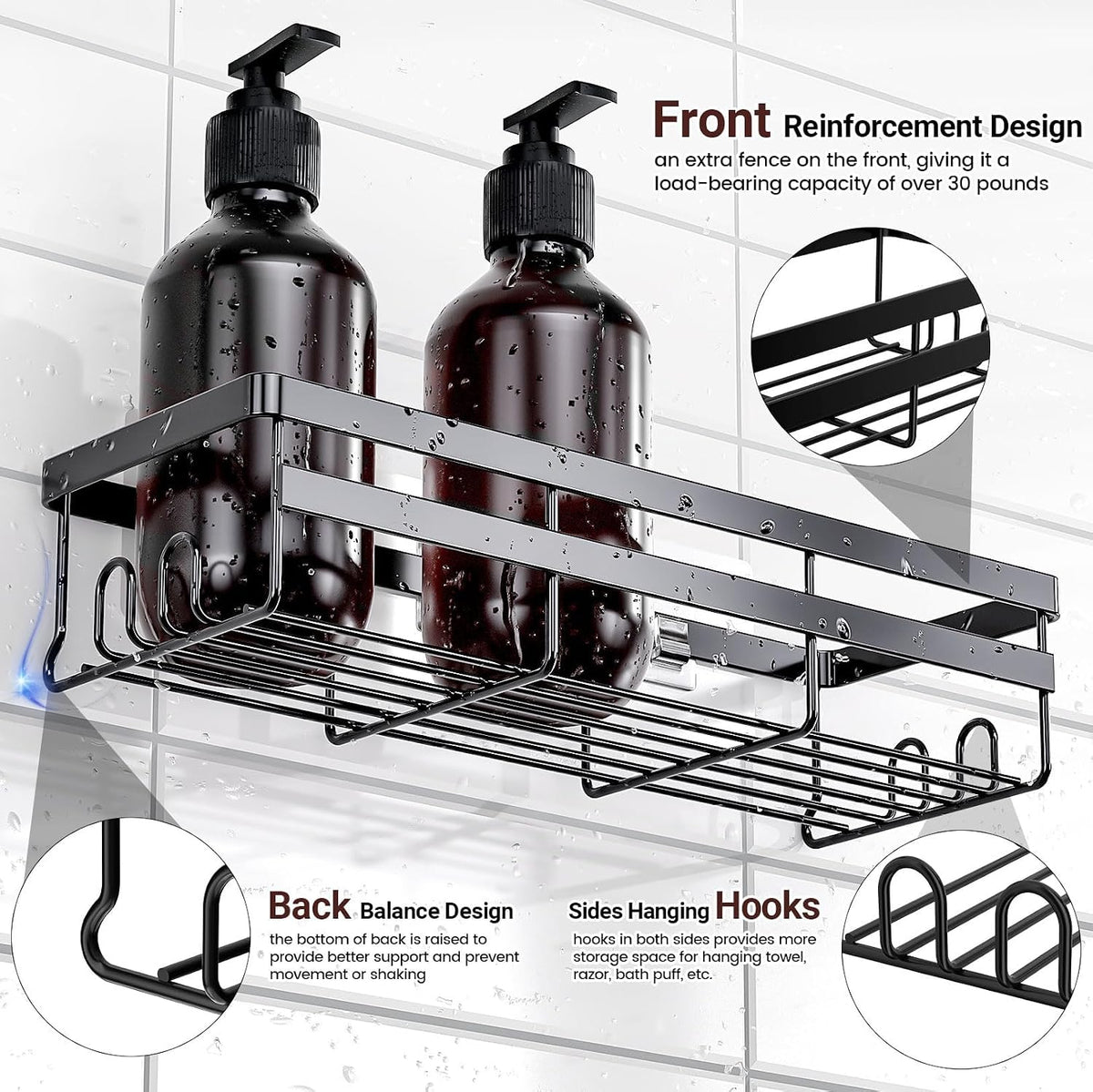 integrated side hooks for towels, razors, and bath puffs