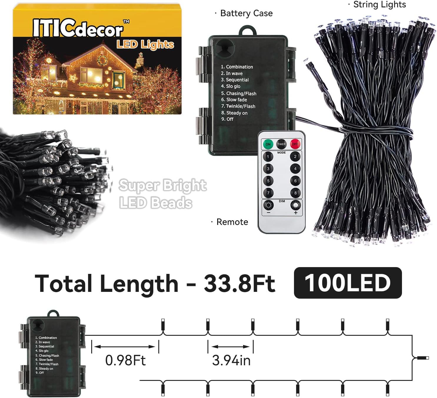 ITICdecor 33ft IP44 Waterproof String Lights – Patio and Porch Lighting with 8 Modes and Battery Power