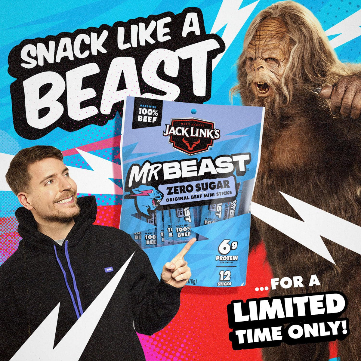 Jack Link's x MrBeast Zero Sugar Mini Beef Sticks – Care Package Snack Box Gift for College Students, 12 Count