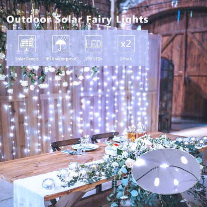 JMEXSUSS 2 Pack Solar String Lights Outdoor, 33FT 100 LED Waterproof Fairy Lights for Patio, Camping, and Backyard Ambiance