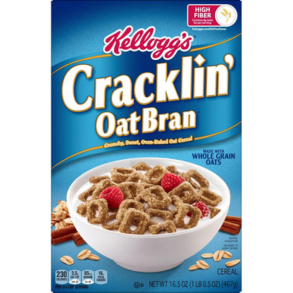 Kellogg's Cracklin' Oat Bran Breakfast Cereal, Fiber Cereal, Family Cereal, Original (3 Boxes) – Quick Desk Snack for Busy Home Office