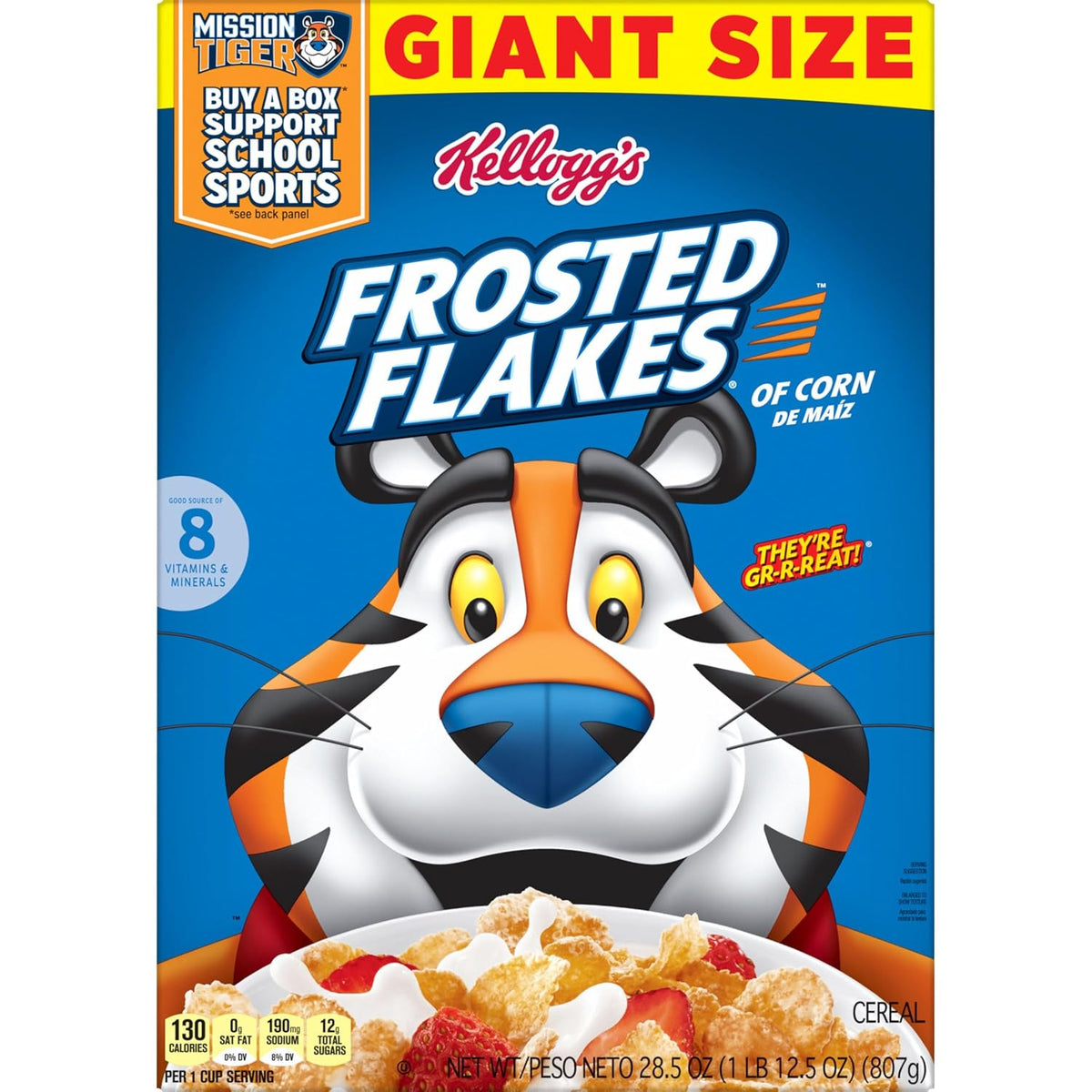 Kellogg's Frosted Flakes Breakfast Cereal, 28.5 oz Giant Size, Kid-Approved Frosted Corn Flakes for Family Breakfast Table