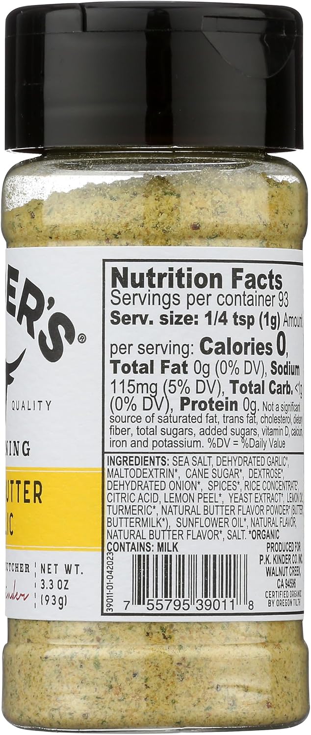 KINDERS Organic Lemon Butter Garlic Seasoning – Clean-Label Pantry Essential for Wellness-Minded Home Cooks, 3.3 oz Resealable Jar