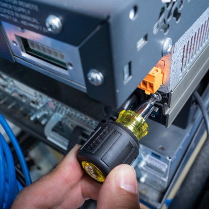 Klein Tools 32561 6-in-1 Screwdriver – One Stubby Driver Replaces Six Tools in a Cluttered Drawer