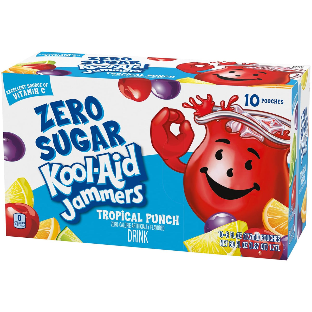 Kool-Aid Jammers Zero Sugar Tropical Punch Soft Drink, 6 fl oz Pouches, After-School Snack for Kids