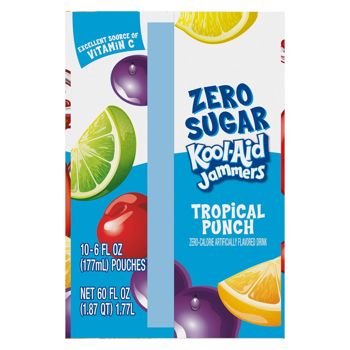 Kool-Aid Jammers Zero Sugar Tropical Punch Soft Drink, 6 fl oz Pouches, After-School Snack for Kids