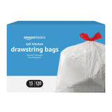 Amazon Basics 13 Gallon Flextra Strength Tall Kitchen Drawstring Trash Bags, Low-Odor Drawstring 120 Count, Gentle Disposal for Asthma and Allergy Care