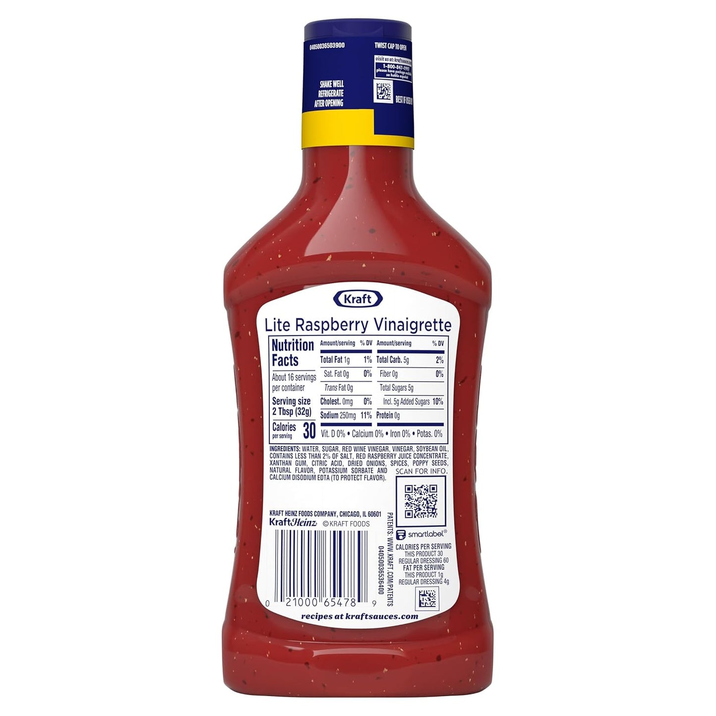Kraft Raspberry Vinaigrette Lite – Low-Fat, No Artificial Dyes Dressing for Wellness Routines and Light Lunches, 16 fl oz