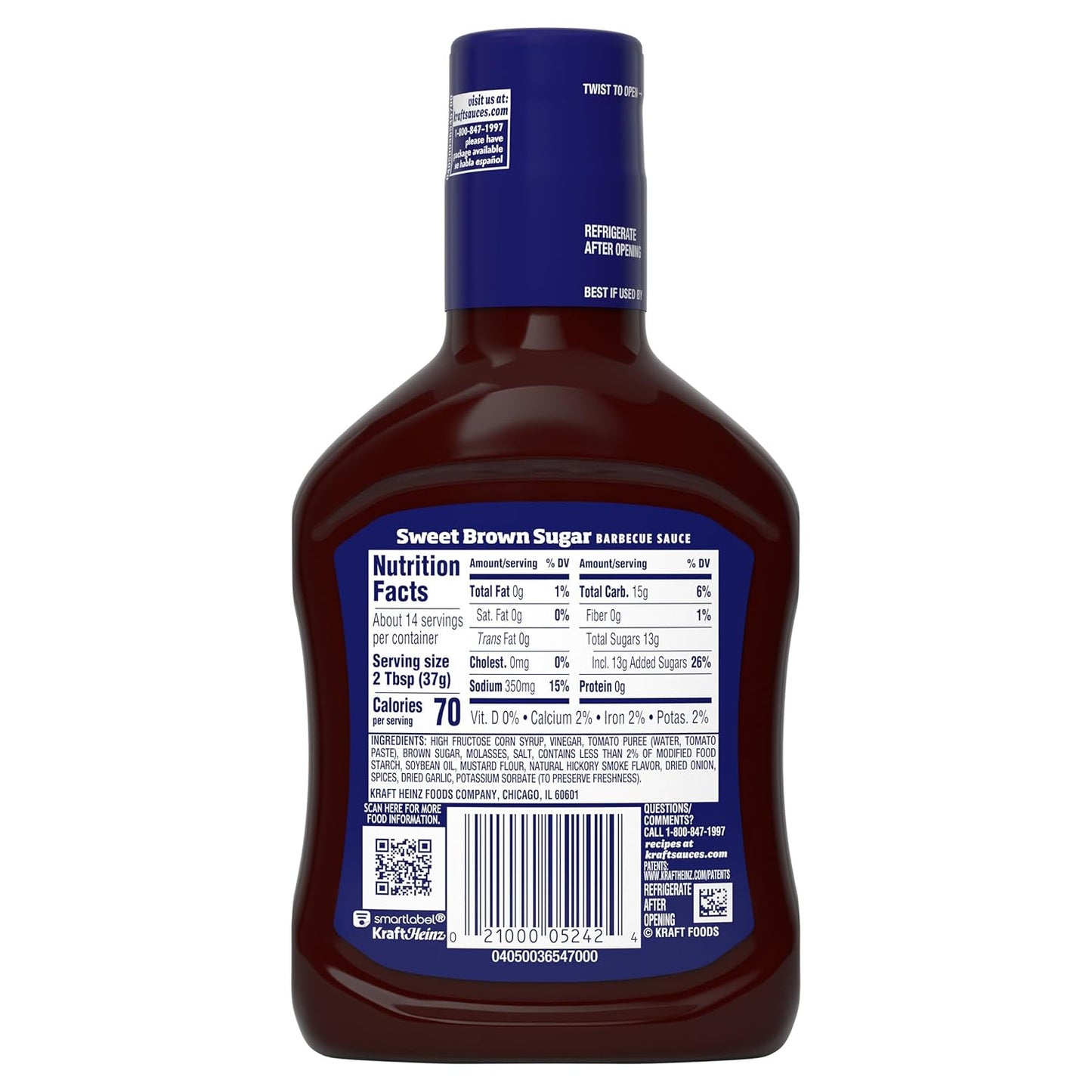 Kraft Sweet Brown Sugar Slow-Simmered Barbecue Sauce, 18 oz Single-Bottle Sauce for a Clutter-Free Pantry