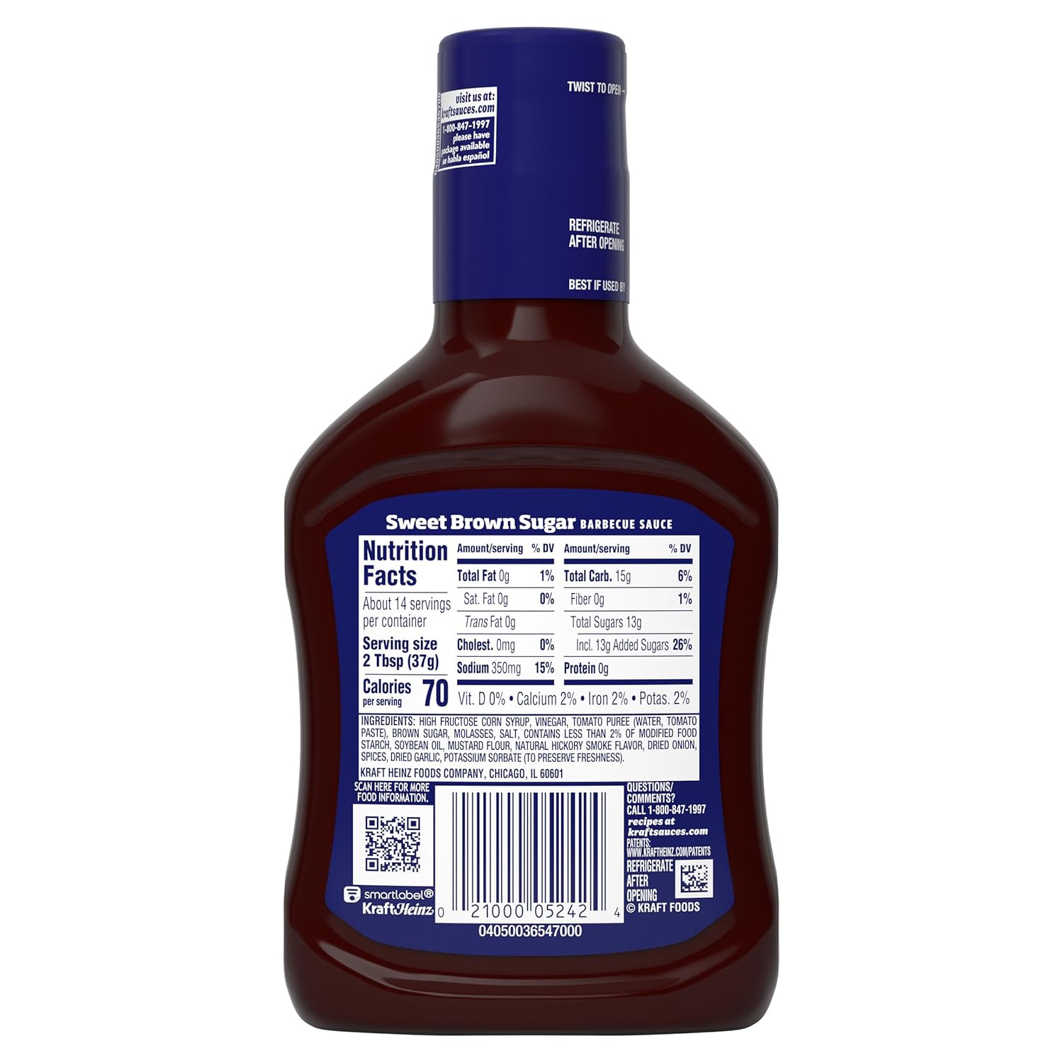 Kraft Sweet Brown Sugar Slow-Simmered Barbecue Sauce, 18 oz Single-Bottle Sauce for a Clutter-Free Pantry