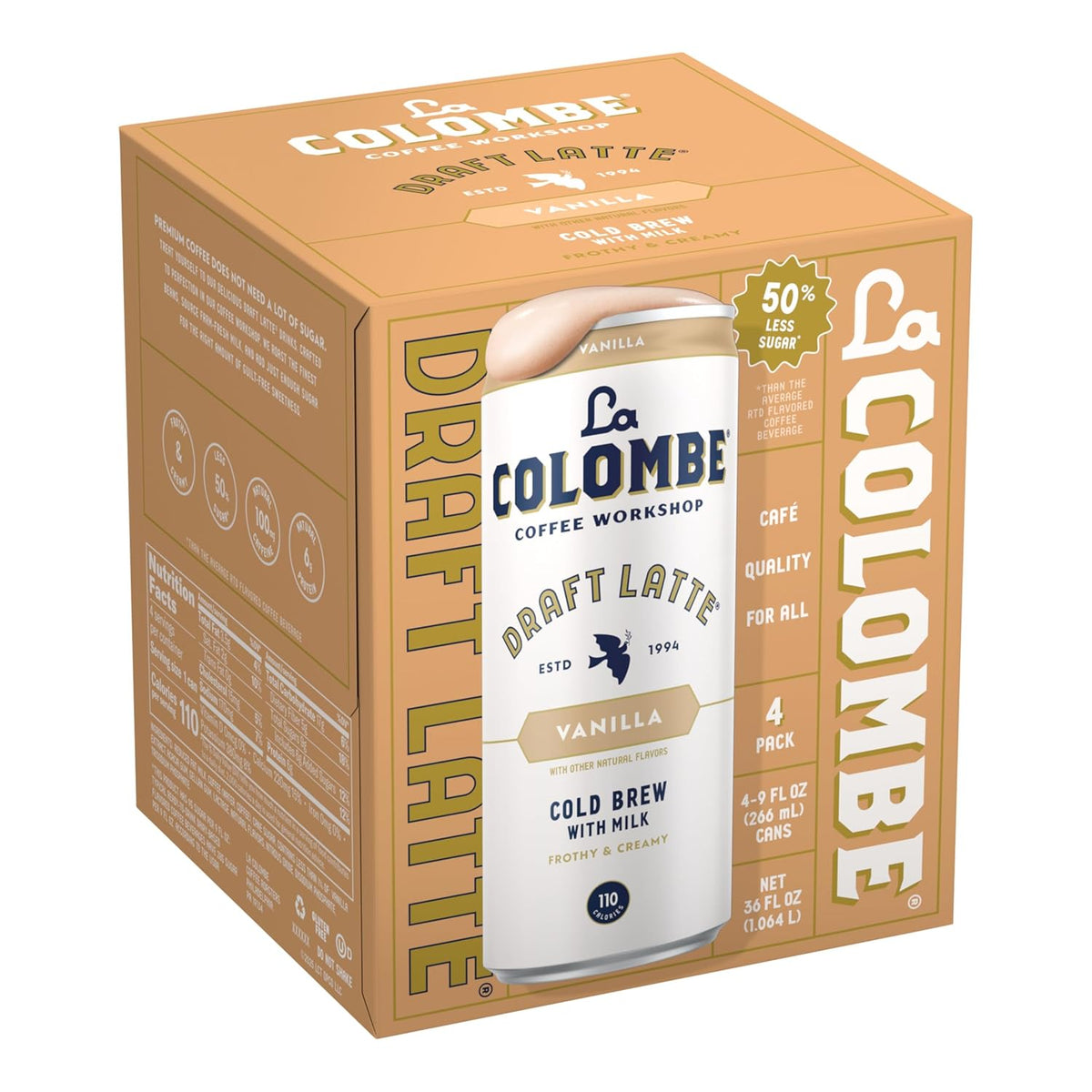 La Colombe Vanilla Draft Latte - Portable Cold Brew for Road Trips, 4-Pack of 9oz Cans with Sip-Thru Lids