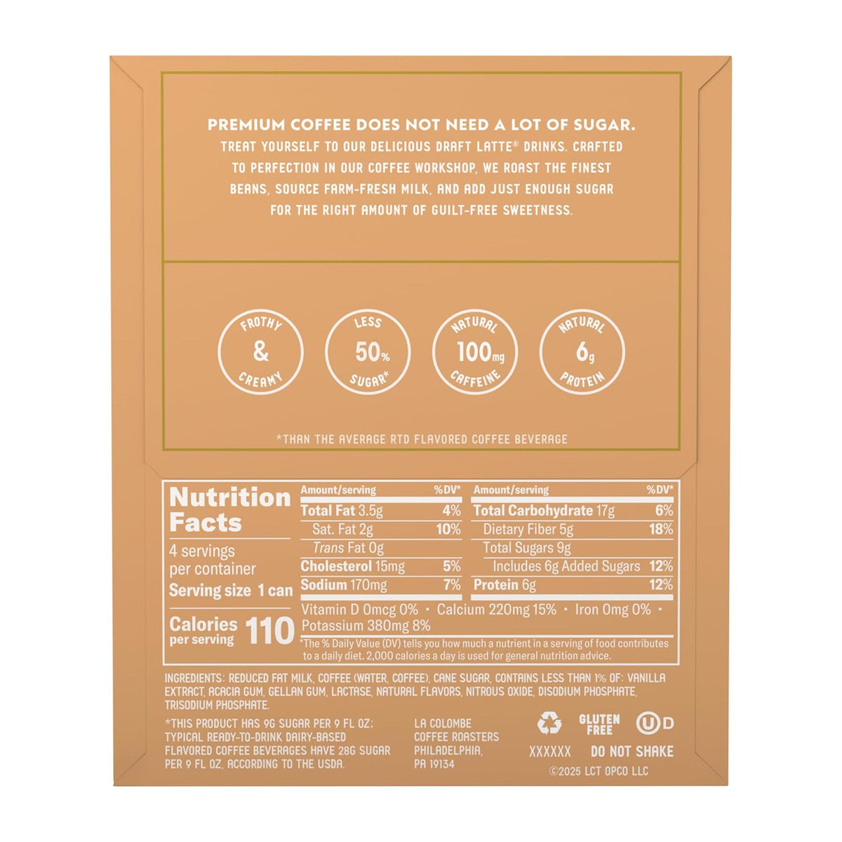 La Colombe Vanilla Draft Latte - Portable Cold Brew for Road Trips, 4-Pack of 9oz Cans with Sip-Thru Lids