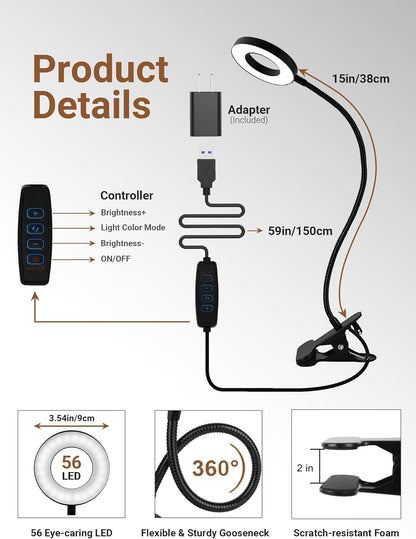 LampDepot Clip-On LED Desk Lamp for Home Office – 5 Color Modes and 10 Brightness Levels for Focused Late-Night Work