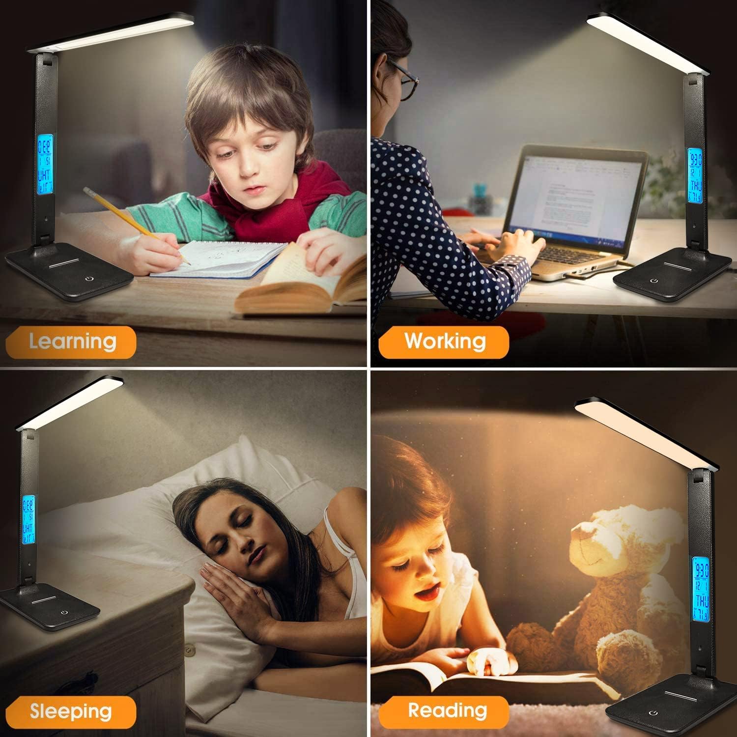 LAOPAO Designer Desk Lamp with Wireless Charger – Bedroom Decor Accent with LCD Clock, Warm-to-Cool Light, and Modern Black Finish