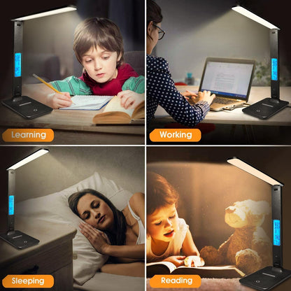 LAOPAO Designer Desk Lamp with Wireless Charger – Bedroom Decor Accent with LCD Clock, Warm-to-Cool Light, and Modern Black Finish