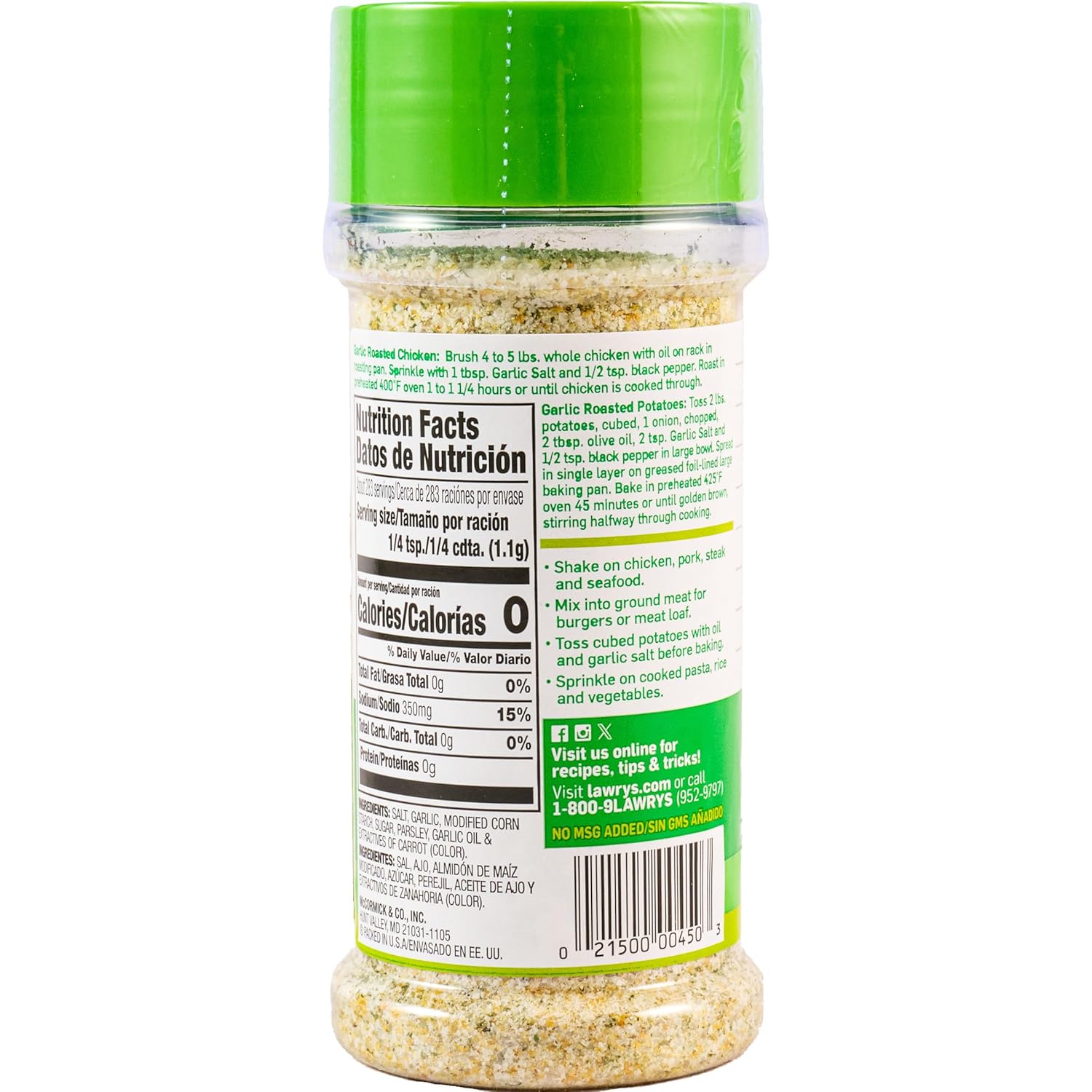 Lawry's Garlic Salt – Safe Pantry Staple for Busy Family Dinners, Kosher Certified Blend for Chicken & Fries, 11 oz