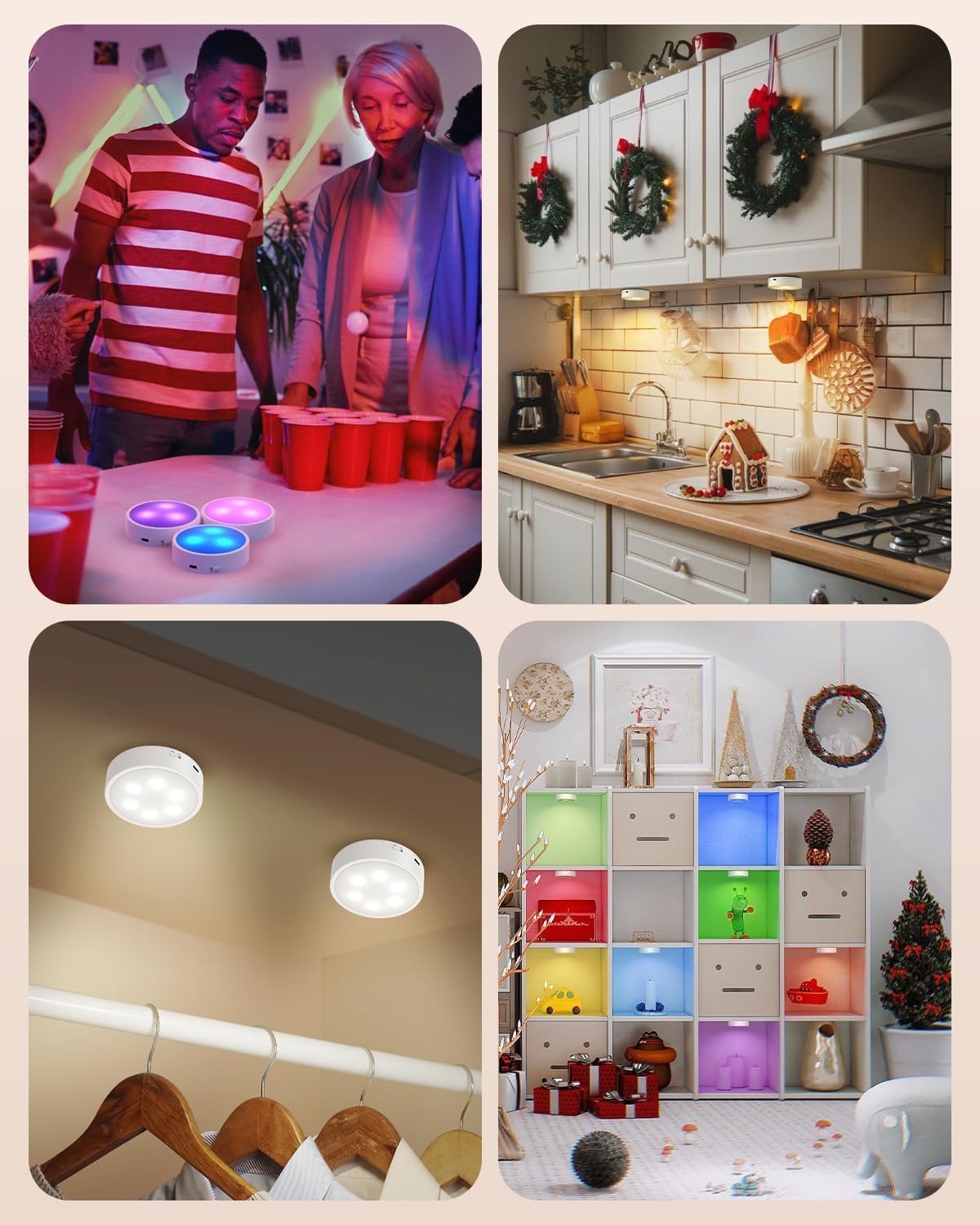LED Puck Lights with Remote — RGB Color-Changing Accent for Living Room Shelves and Display Cabinets
