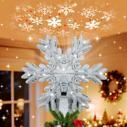 led rotating snowflake projector casting 360-degree multi-layered snowflake patterns on ceiling and walls