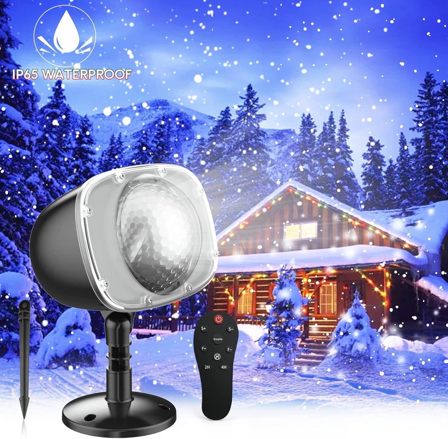 led snowfall projection with soft white and yellow light, static and dynamic modes, and adjustable falling speed
