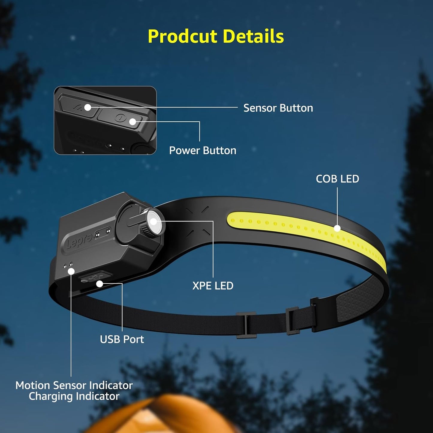 Lepro Headlamp 230° Wide Beam LED Headlight for Camping, Hiking and Trail Running – Rechargeable and Waterproof