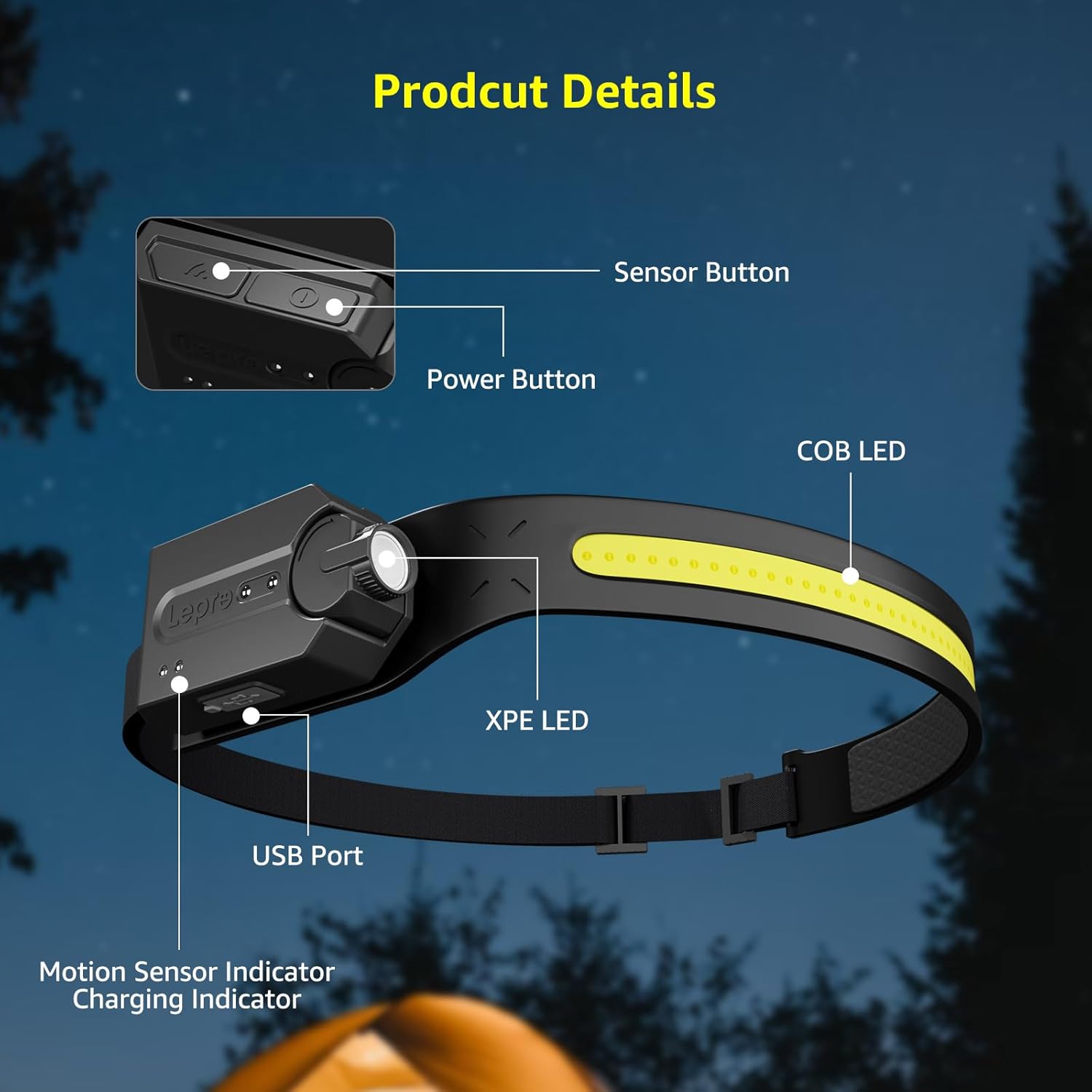 Lepro Headlamp 230° Wide Beam LED Headlight for Camping, Hiking and Trail Running – Rechargeable and Waterproof