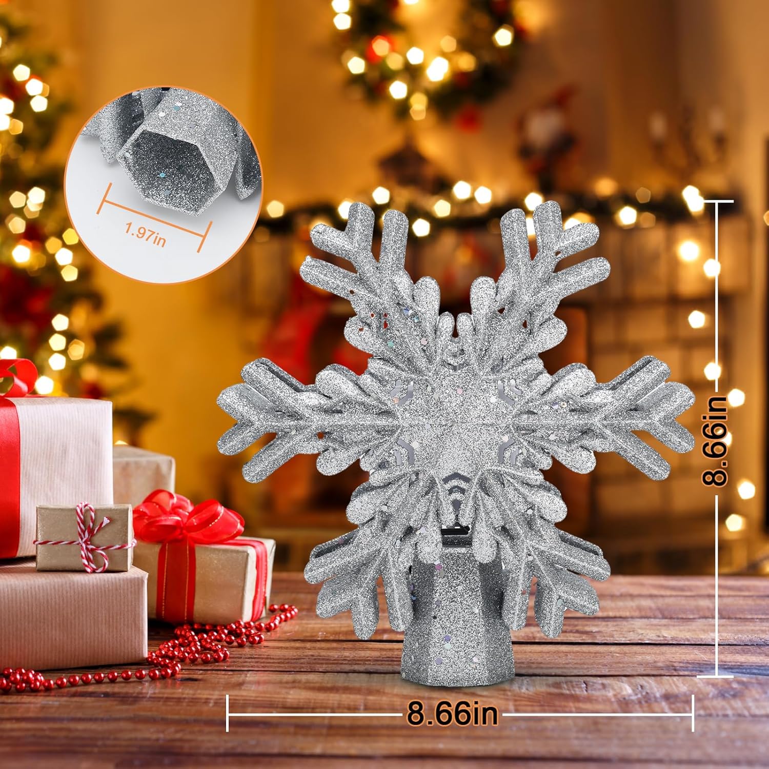 LightOfTree 3D Rotating Snowflake Tree Topper – Cozy Living Room Decor with Ceiling Light Show, Silver Holiday Accent
