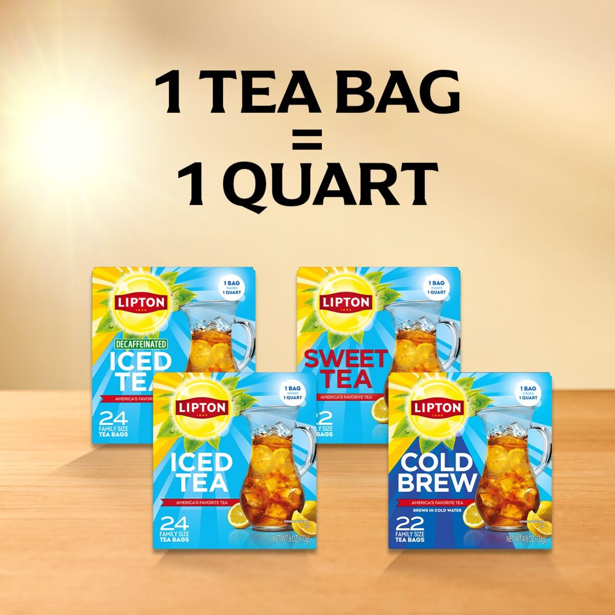 Lipton Cold Brew Black Tea Bags Family Size 6-Pack 132 Total Bags Rainforest Alliance Certified Iced Tea for Office Breakroom Quick Caffeine