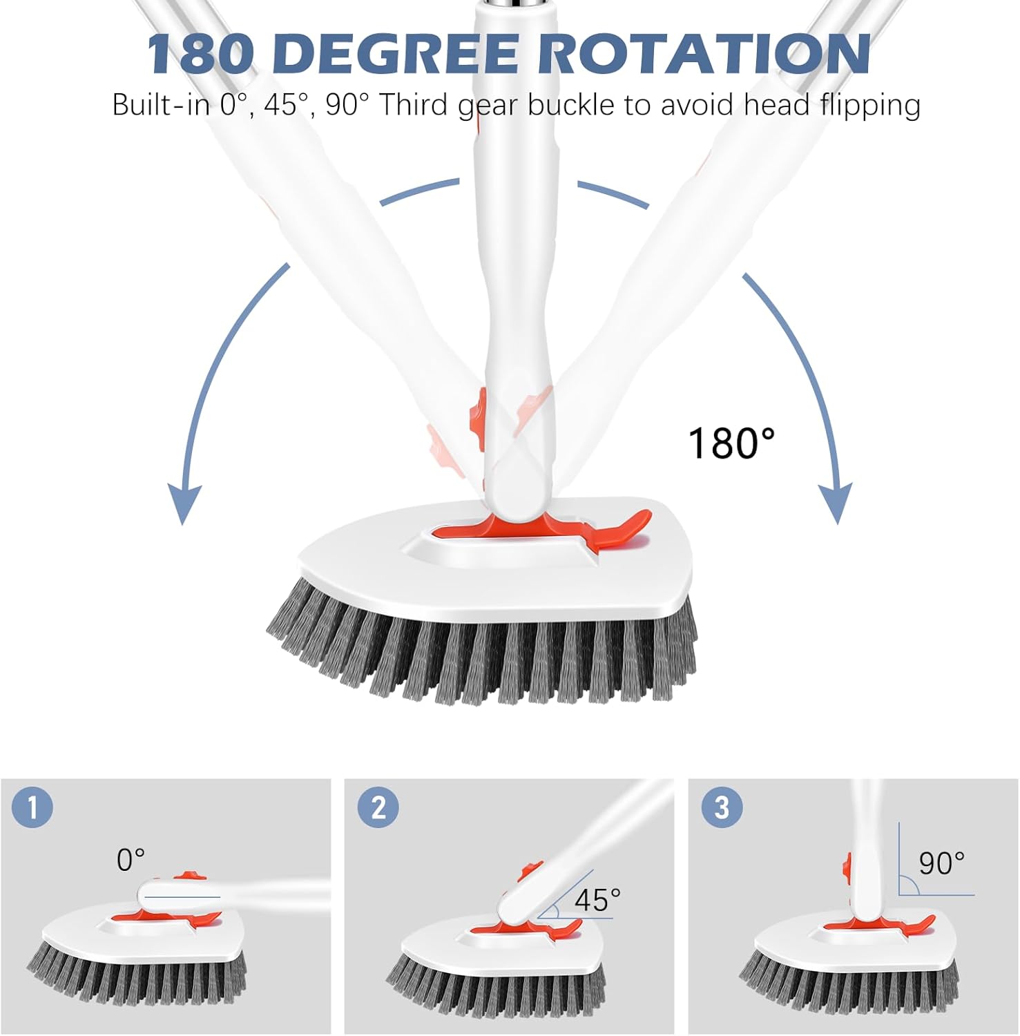 lockable rotating head at 45°, 90°, and 180° angles for multi-surface reach