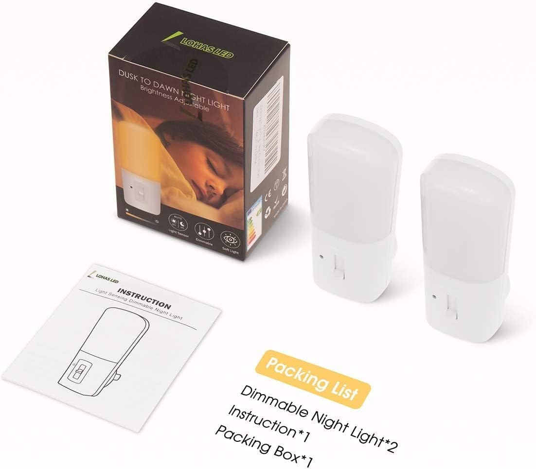 LOHAS Dusk to Dawn Night Light for Hallway and Stairway, Dimmable LED Plug in for Elderly Fall Prevention