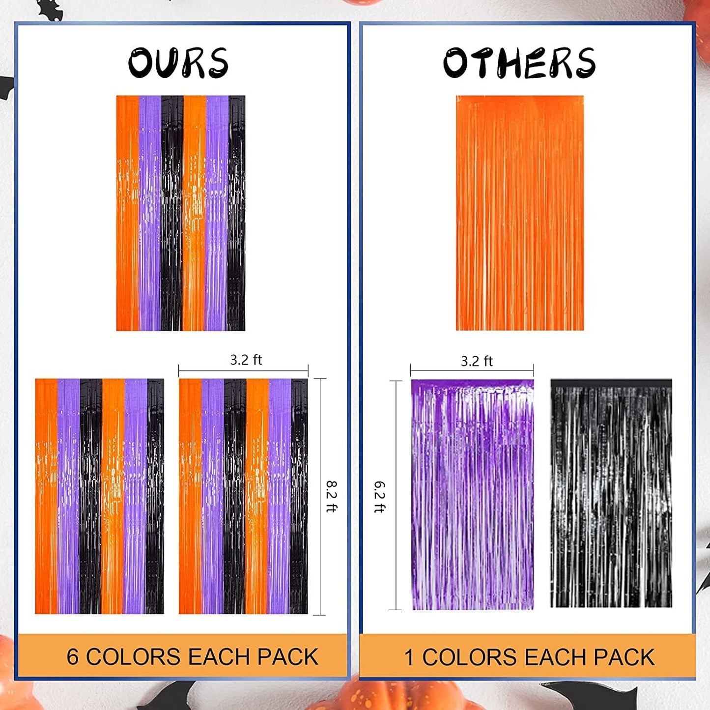 LOLStar Halloween Fringe Curtain – Outdoor Patio and Front Porch Backdrop, Weather Friendly Foil Tinsel 3.3 x 6.6 ft Orange Purple Black