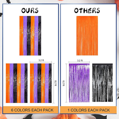 LOLStar Halloween Fringe Curtain – Outdoor Patio and Front Porch Backdrop, Weather Friendly Foil Tinsel 3.3 x 6.6 ft Orange Purple Black