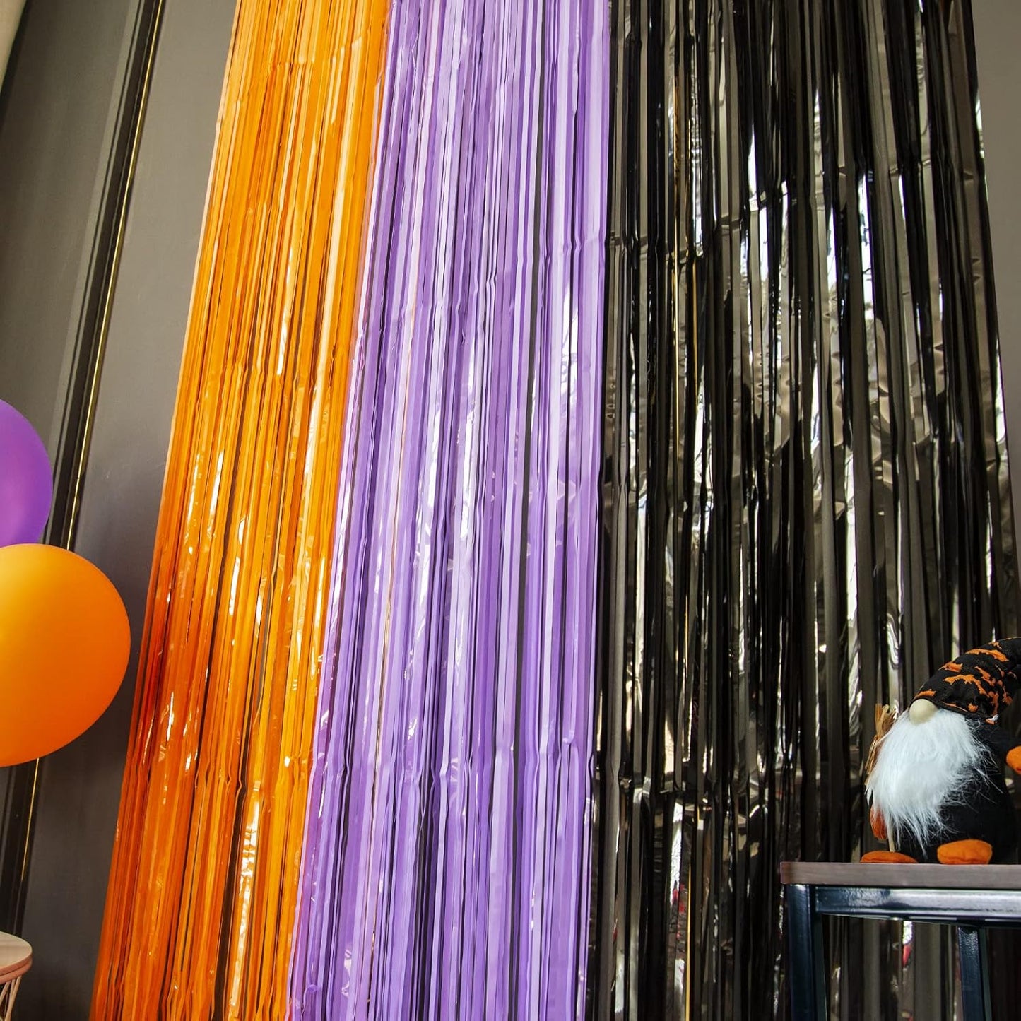 LOLStar Halloween Fringe Curtain – Outdoor Patio and Front Porch Backdrop, Weather Friendly Foil Tinsel 3.3 x 6.6 ft Orange Purple Black