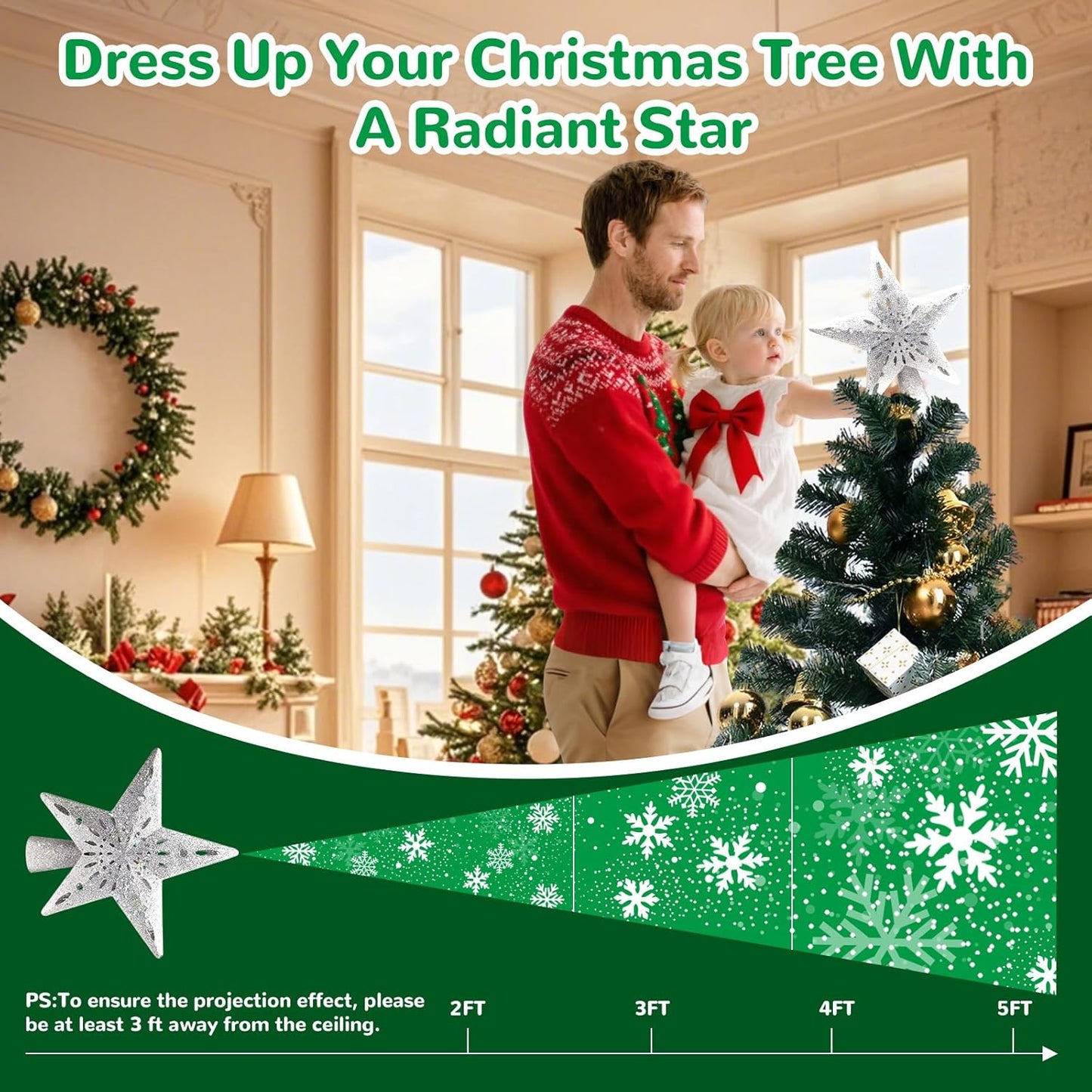 Lumabelle 3D Glitter Star Tree Topper – Cozy Living Room Decor with Built-In Snowflake Ceiling Projector