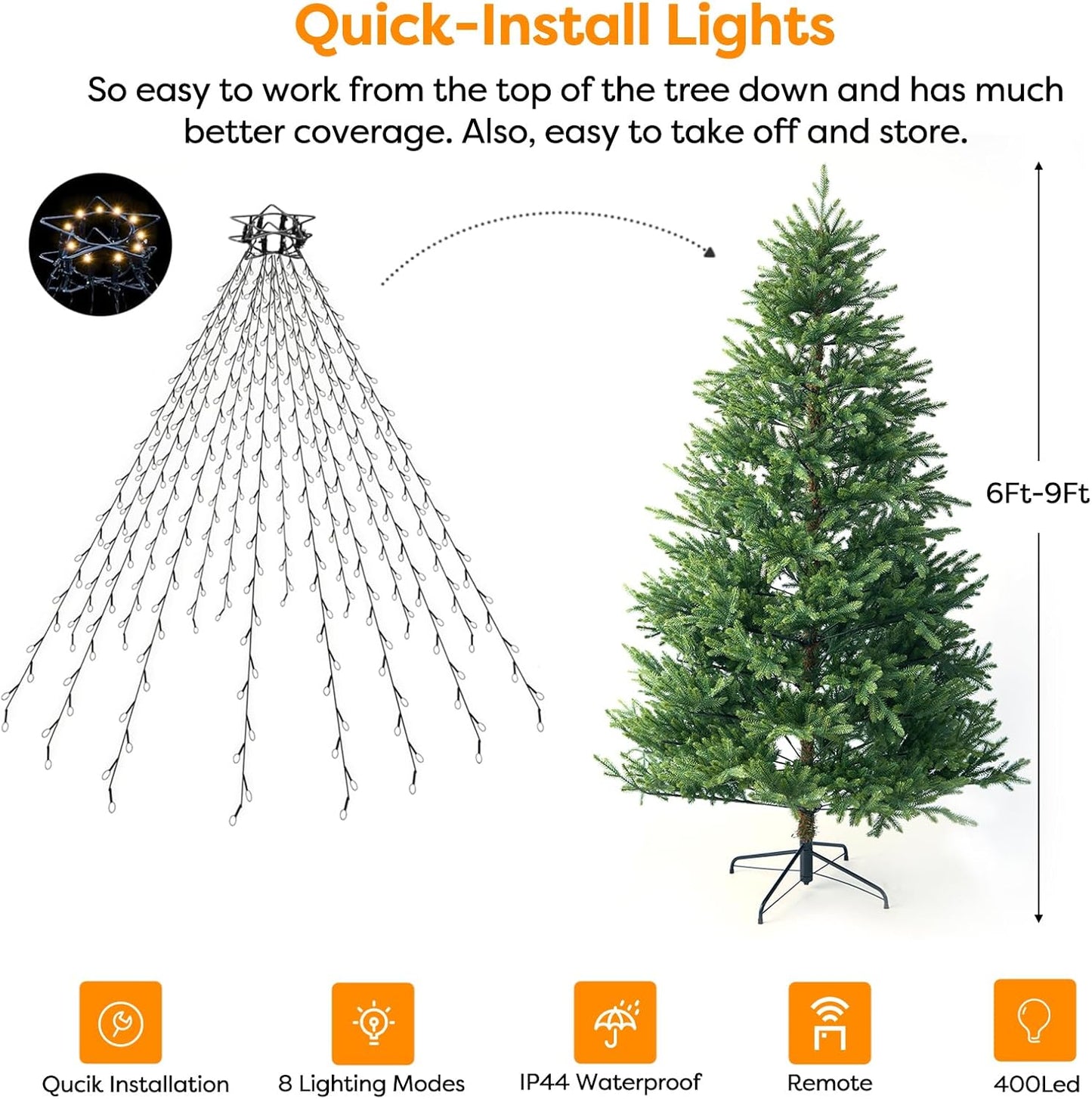 Lumary Christmas Tree Lights Warm White 400 LED Cascade – Cozy Living Room Decor for 6ft–9ft Holiday Trees