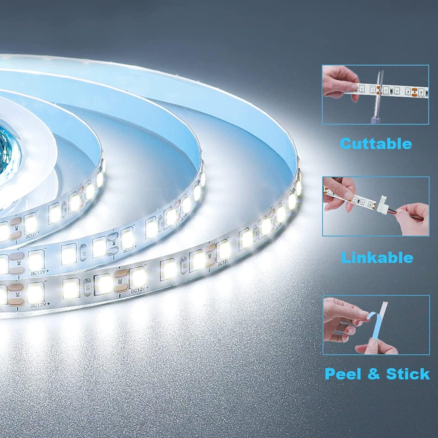 Lumiglow 600 LED Strip Light – Bedroom Ambient Accent for Cozy Home Decor, Cuttable 16.4ft Cool White Tape