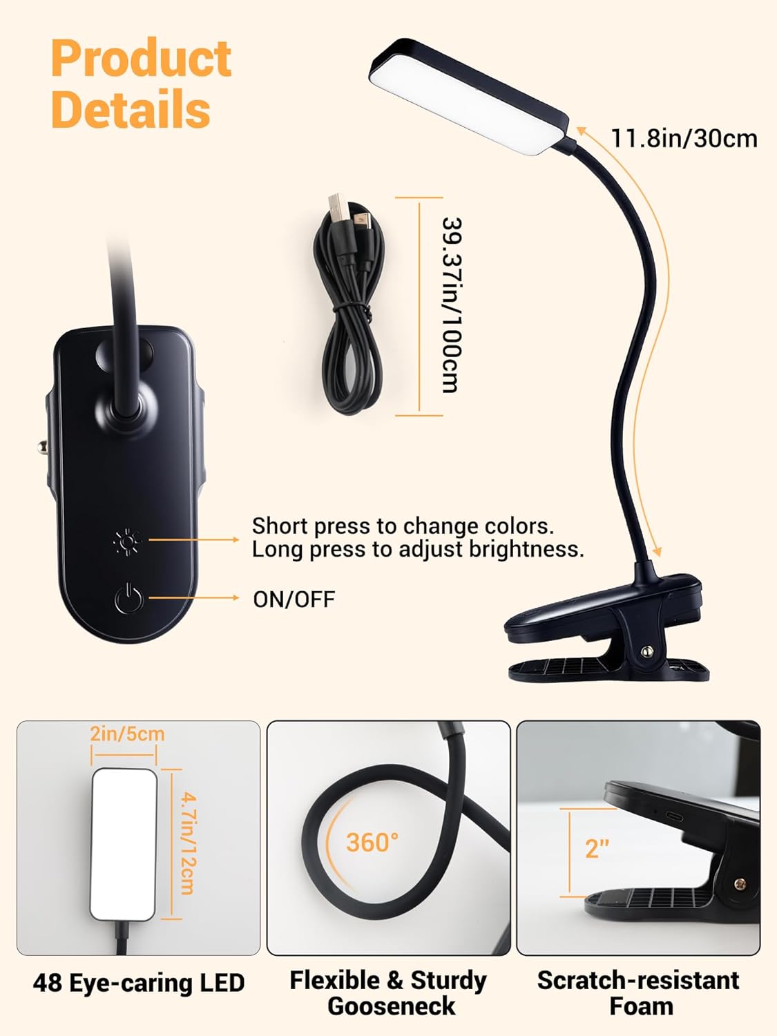 LuminGlow Pro Clip Lamp – Home Office Reading Light for Desktop Study, 9 Brightness 5 Color Rechargeable LED