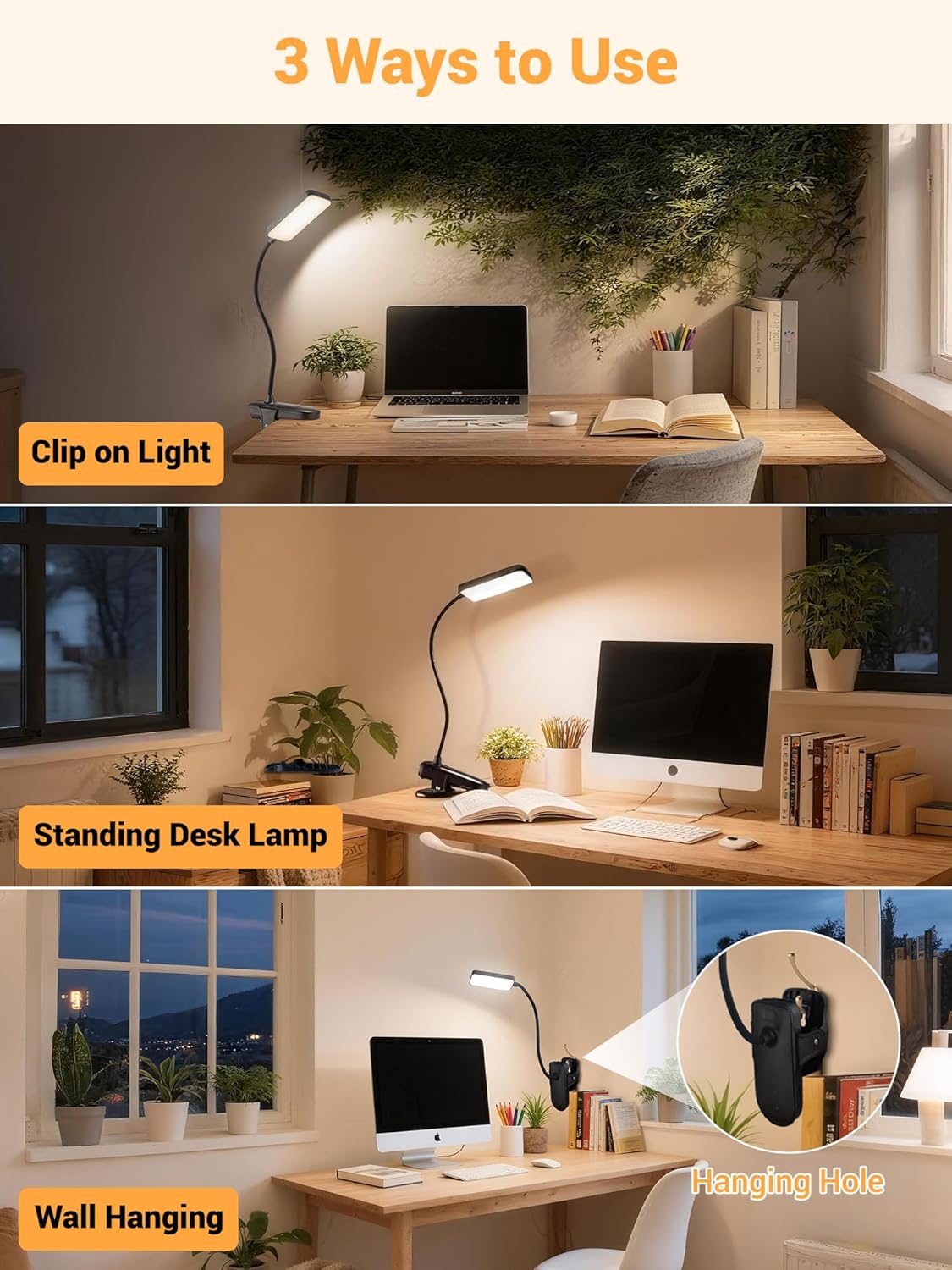 LuminGlow Pro Clip Lamp – Home Office Reading Light for Desktop Study, 9 Brightness 5 Color Rechargeable LED